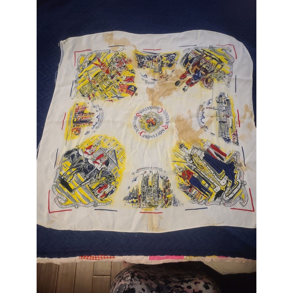 Vintage 1953 Queen Elizabeth II Coronation Souvenir Scarf British Royalty 26x26